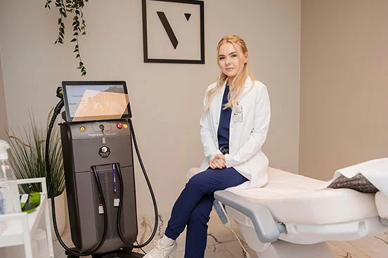 Sara sitter på en benk